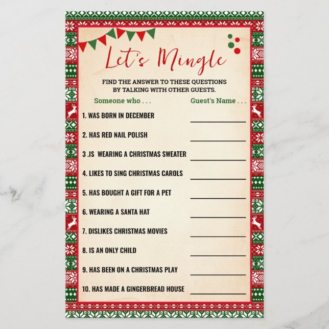 Let's Mingle Find Guest Ugly Sweater Game Card Flyer (Vorne)