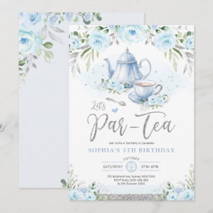 Let's Par-Tea Silver Baby Blue Birthday Tea Party Einladung