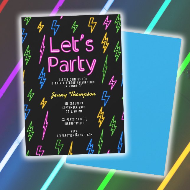 Let's Party Colorful 80's Retro Neon Birthday Einladung (Let's Party Colorful 80's Retro Neon Birthday Invitation)