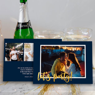 Let's Party Gold Pinsel Schrift 4 Foto Verlobung Einladung