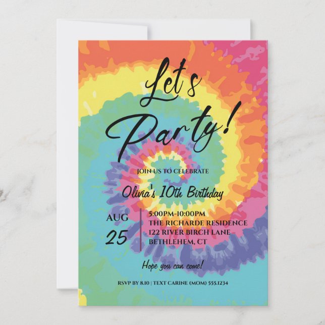 Let's Party, Pink Tie Dye birthday  Einladung (Vorderseite)