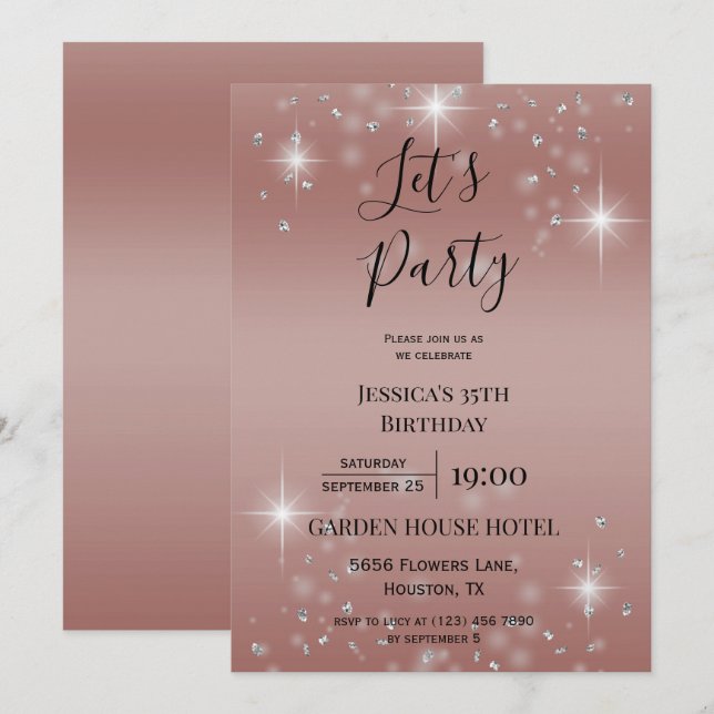 Let's Party Rose Gold Glitzer & Glitzern Geburtsta Einladung (Vorne/Hinten)