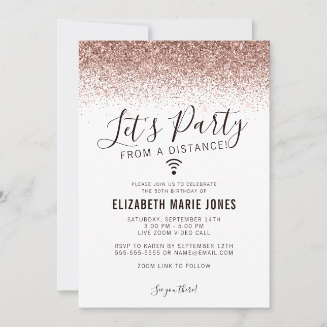 Let's Party Rose Gold Glitzer Virtual Geburtstag Einladung (Vorderseite)
