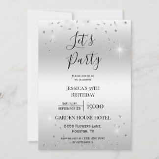 "Let's Party" Silberner Glitzer & Glitzern Geburts Einladung