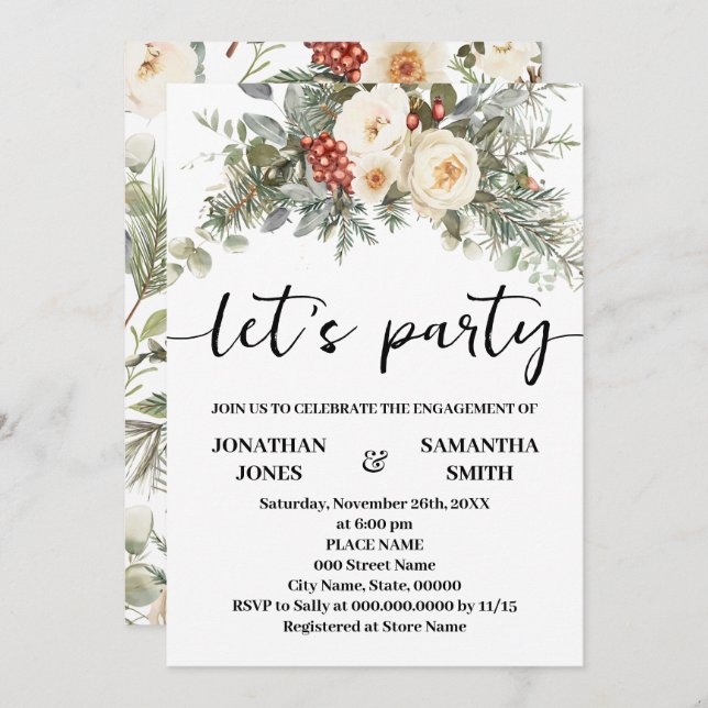 Let's Party Winter White Flowers Engagement Einladung (Vorne/Hinten)
