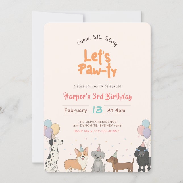 Lets Pawty Watercolor Cute Puppy Dog Pet Birthday Einladung (Vorderseite)