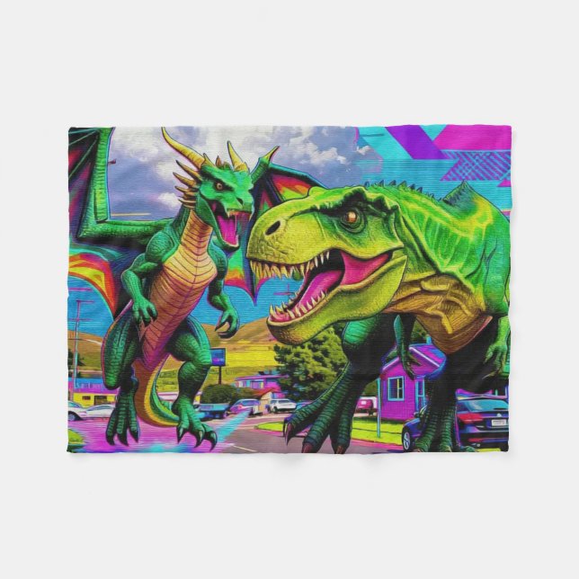 Lets Play - Grüner Drache und Dinosaurier Fleecedecke (Vorderseite (Horizontal))