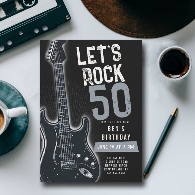 Let's Rock Electric Gitarre Erwachsenen Black Gebu Einladung (music fest rock adult birthday party invitation men modern classy fun black white electric guitar)