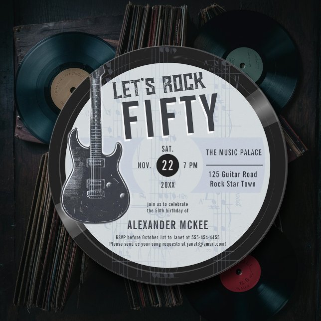 Let's Rock Vintag LP Gitarre Männer Geburtstag Einladung (MUSIC LP birthday party invitation men guitar vintage record retro fun cool husband boyfriend)