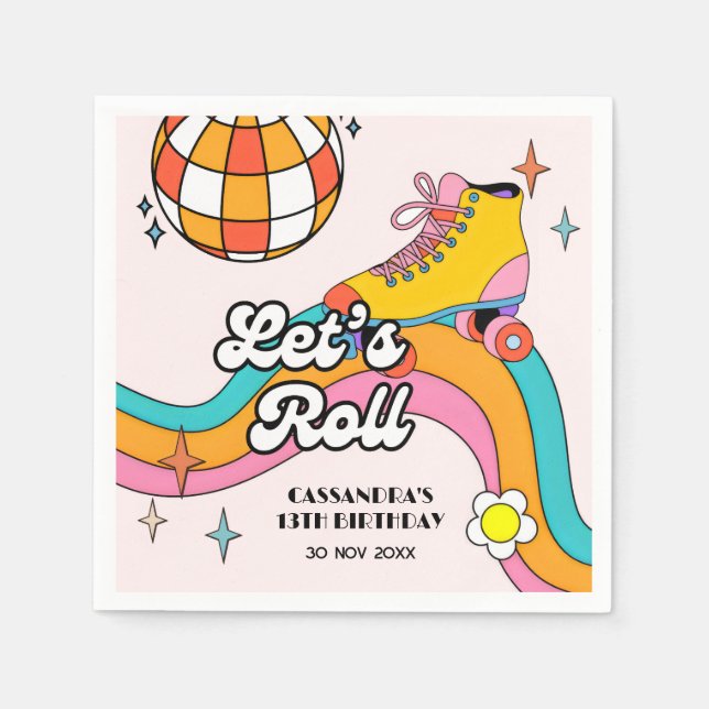 Let's Roll Retro Roller Skating Girl Birthday  Serviette (Vorderseite)