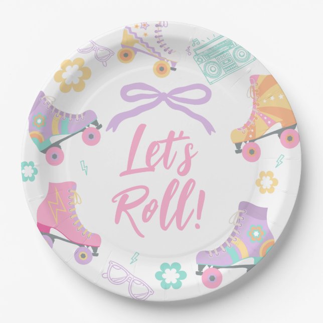 Lets Roll Roller Skate Retro Girl Birthday Pastel Pappteller (Vorderseite)