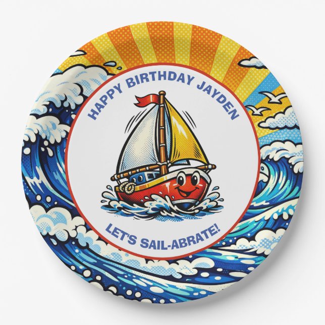 Let's Sail-abrate | Sailboat Themed Boy's Birthday Pappteller (Vorderseite)