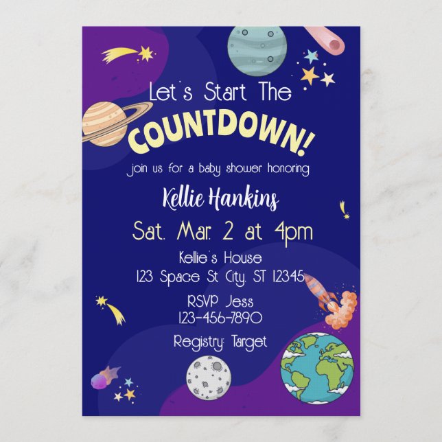 Let's Start the Countdown, Space Baby Shower Einladung (Vorderseite)