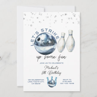 Let's Strike Boy 5th Galaxy bowling birthday party Einladung