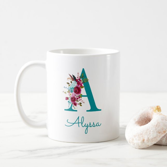 Letter A Aquamarin rosa Floral Kaffeetasse (Mit Donut)