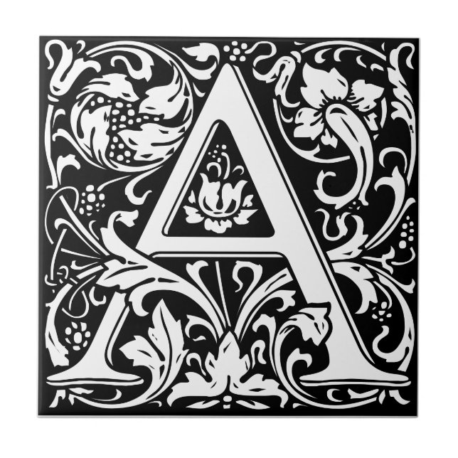 Letter A Art Nouveau Schwarz/Weiß Fliese (Vorderseite)