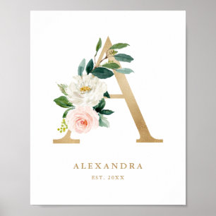 Letter A Blush Floral Monogram Gold Foil Kinderzim Poster