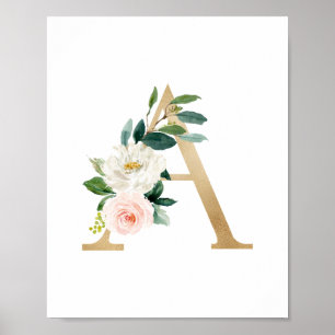 Letter A Blush Floral Monogram Imitate Gold Foil Poster