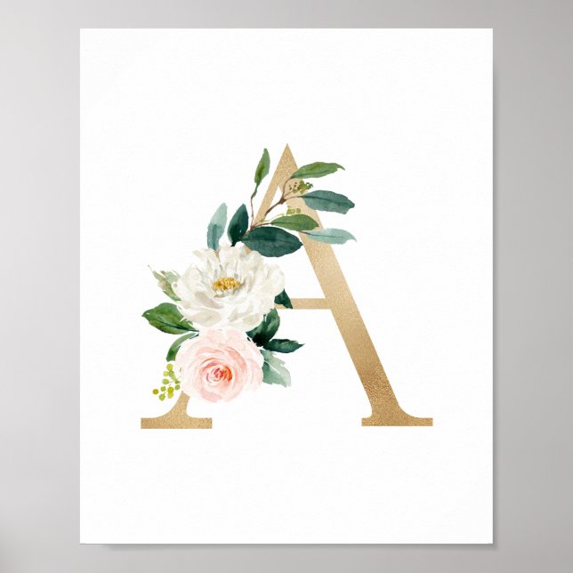 Letter A Blush Floral Monogram Imitate Gold Foil Poster (Vorne)