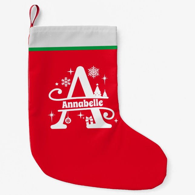 Letter A Christmas Monogram Initial Name Red White Kleiner Weihnachtsstrumpf (Vorderseite)