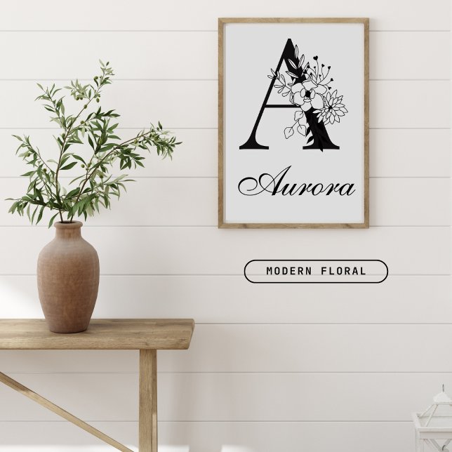 Letter A Floral Modern Black Monogram Kinderzimmer Poster (Von Creator hochgeladen)