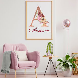 Letter A Floral Rose Gold Monogram Kinderzimmer Poster