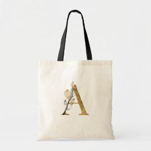** Letter A Gold Monogram Anfangs Black Leaves Tragetasche