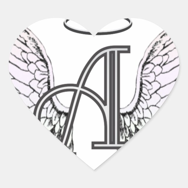 Letter A Initial Monogram mit Angel Wings & Halo Herz-Aufkleber (Vorderseite)