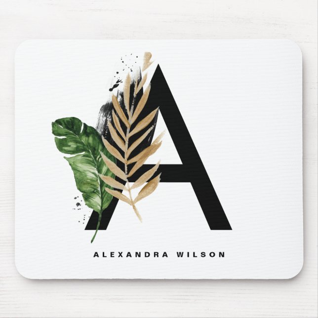 Letter A Monogram | Gold Foil Tropical Monogram Mousepad (Vorne)