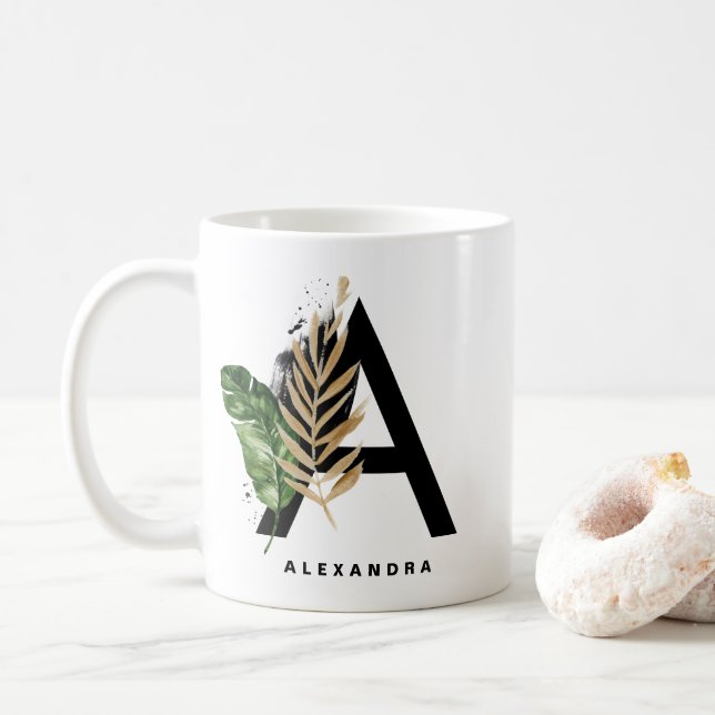 Letter A Monogram Gold Foil Tropical Personalisier Kaffeetasse (Mit Donut)