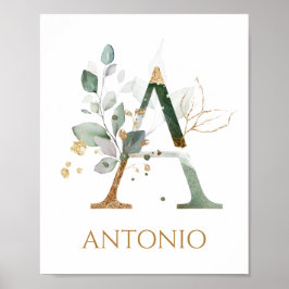 Letter A Monogram Green & gold foliing Kinderzimme Poster