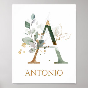 Letter A Monogram Green & gold foliing Kinderzimme Poster