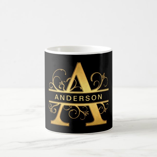 Letter "A" Monogram Personalisiert Name Black Gold Kaffeetasse (Mittel)