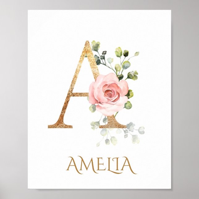 Letter A Monogram Pink Peach Rose Kinderzimmer Pos Poster (Vorne)