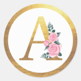 Letter A Monogram Pink Roses Floral & Elegante Gol Runder Aufkleber