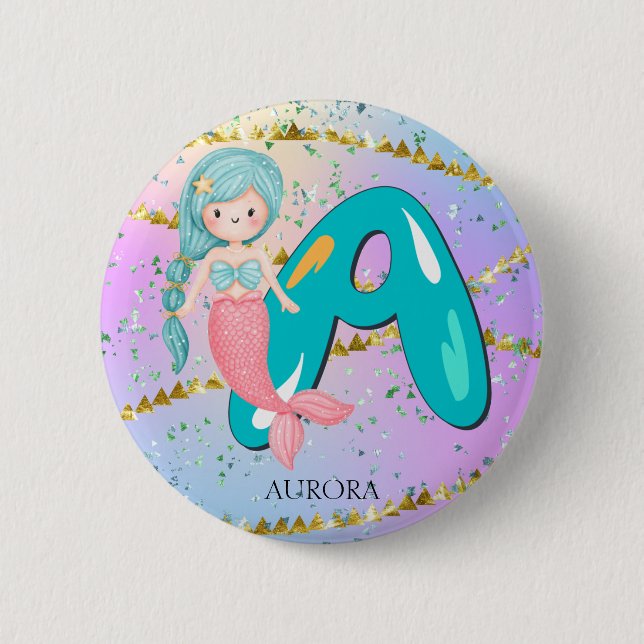 Letter A Monogram Watercolor Niedlich Mermaid Kind Button (Vorderseite)