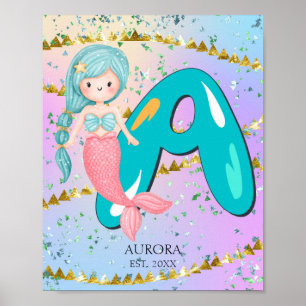 Letter A Monogram Watercolor Niedlich Mermaid Kind Poster