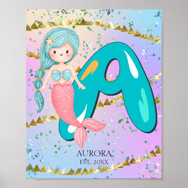 Letter A Monogram Watercolor Niedlich Mermaid Kind Poster (Vorne)