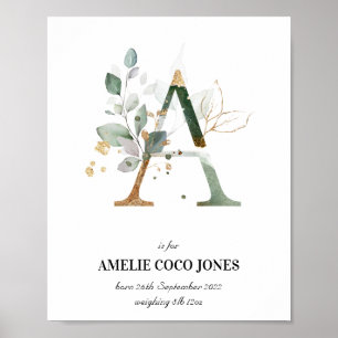 Letter A New Baby Monogram Birth Print Green Poster