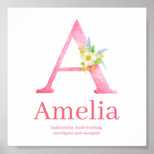 Letter A Water color art pink Amelia name Bedeutun Poster