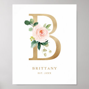 Letter B Blush Floral Monogram Gold Foil Kinderzim Poster