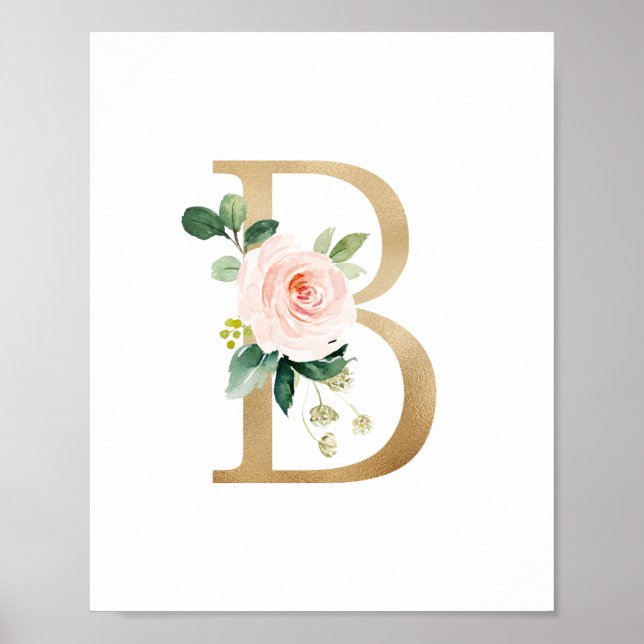 Letter B Blush Floral Monogram Imitate Gold Foil Poster (Vorne)
