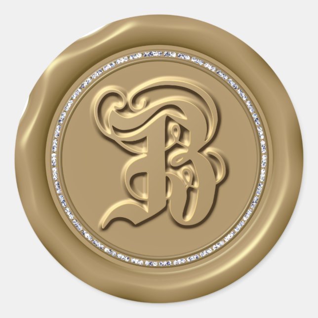 *~* Letter B Diamond Circle GOLD Wax Siegel Sticke Runder Aufkleber (Vorderseite)