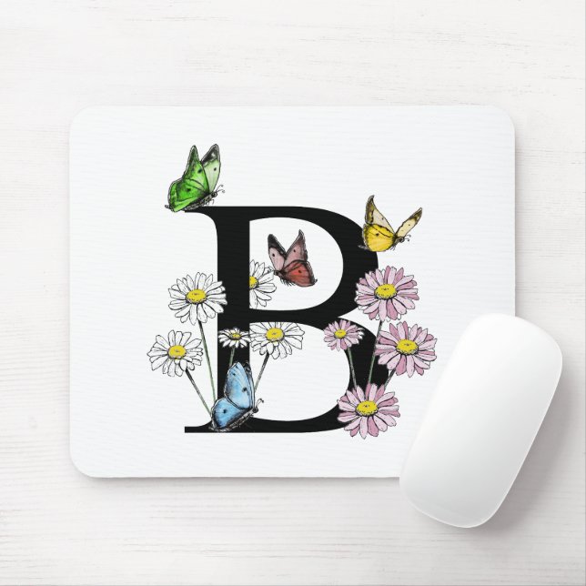 Letter B Floral Watercolor Butterfly Monogramm Mousepad (Mit Mouse)