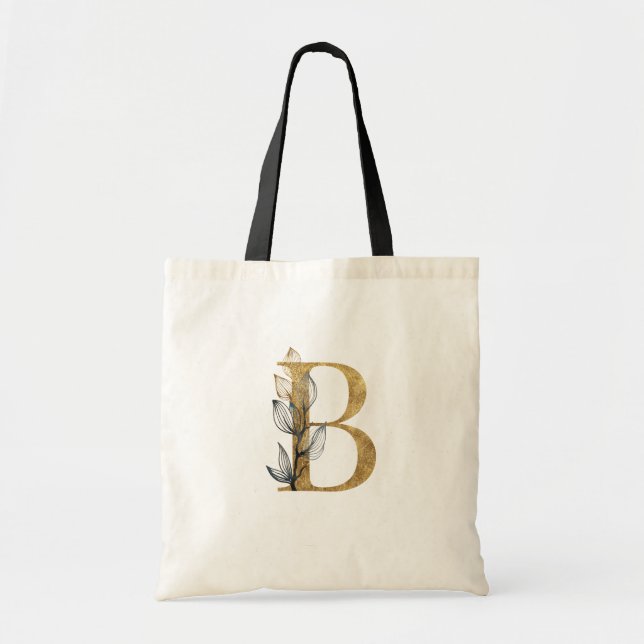** Letter B Gold Monogram Anfangs Black Leaves Tragetasche (Vorne)
