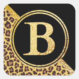Letter B Monogram Leopard Print Gold and Black Quadratischer Aufkleber
