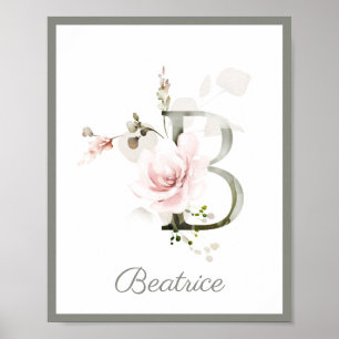 Letter B Monogram Pink Rose Foliage Kinderzimmer P Poster