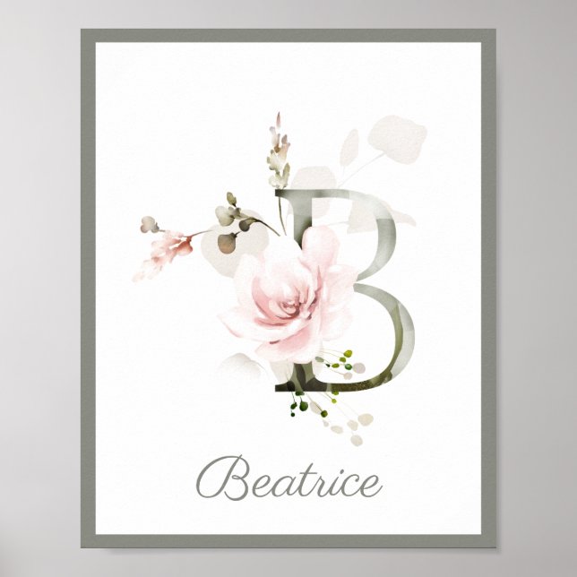 Letter B Monogram Pink Rose Foliage Kinderzimmer P Poster (Vorne)