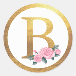 Letter B Monogram Roses Floral & Elegant Gold Runder Aufkleber