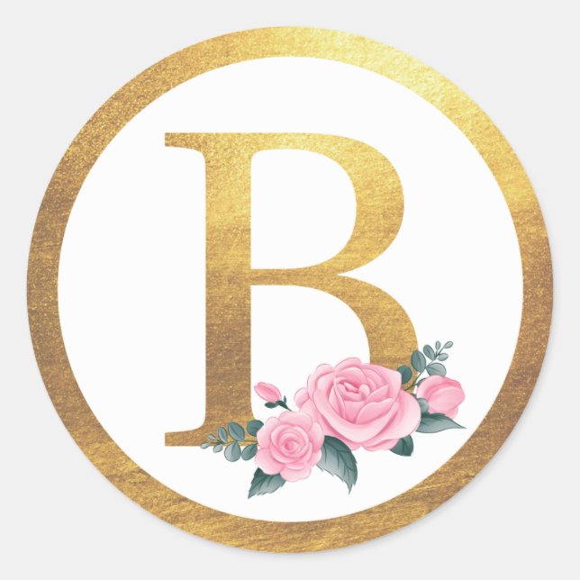 Letter B Monogram Roses Floral & Elegant Gold Runder Aufkleber (Vorderseite)